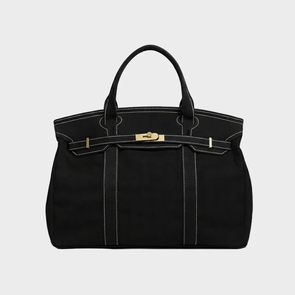 Solid Black Women's Luxury Handbag in Structured Canvas with Turn-Lock Closure - Studio