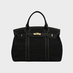 Solid Black Women's Luxury Handbag in Structured Canvas with Turn-Lock Closure - Studio