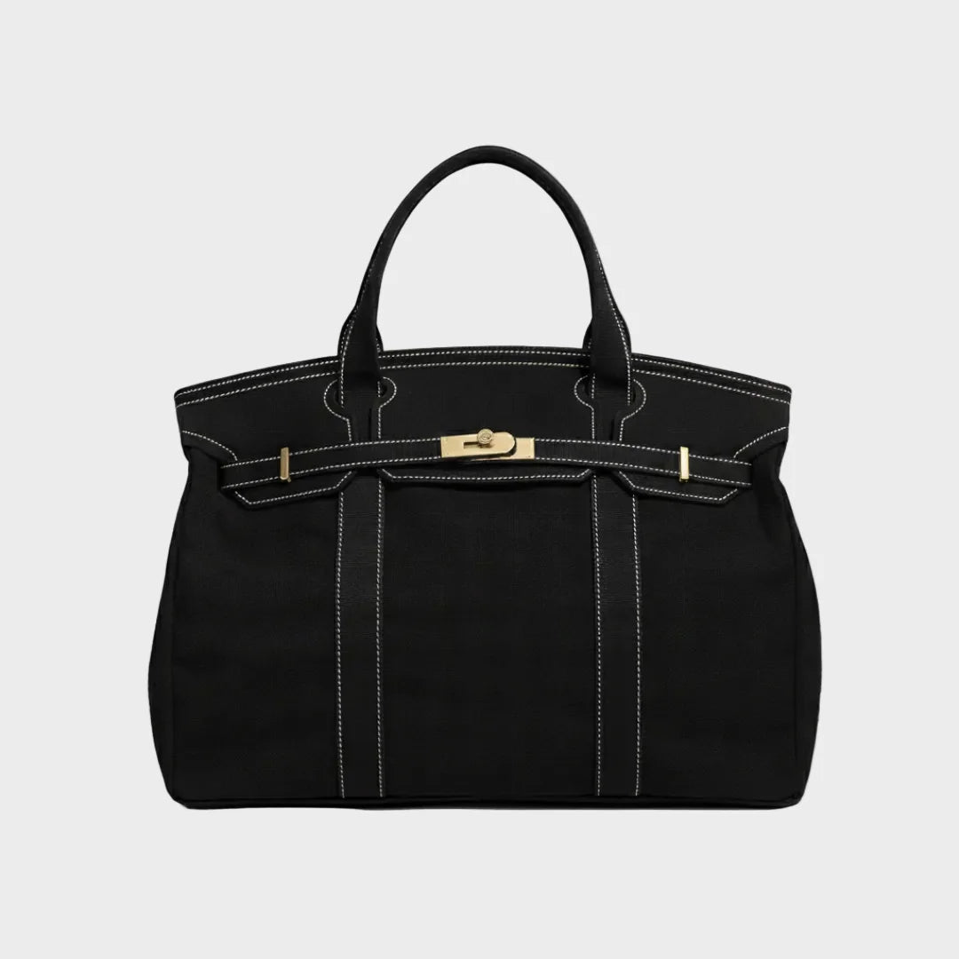 Solid Black Women's Luxury Handbag in Structured Canvas with Turn-Lock Closure - Studio