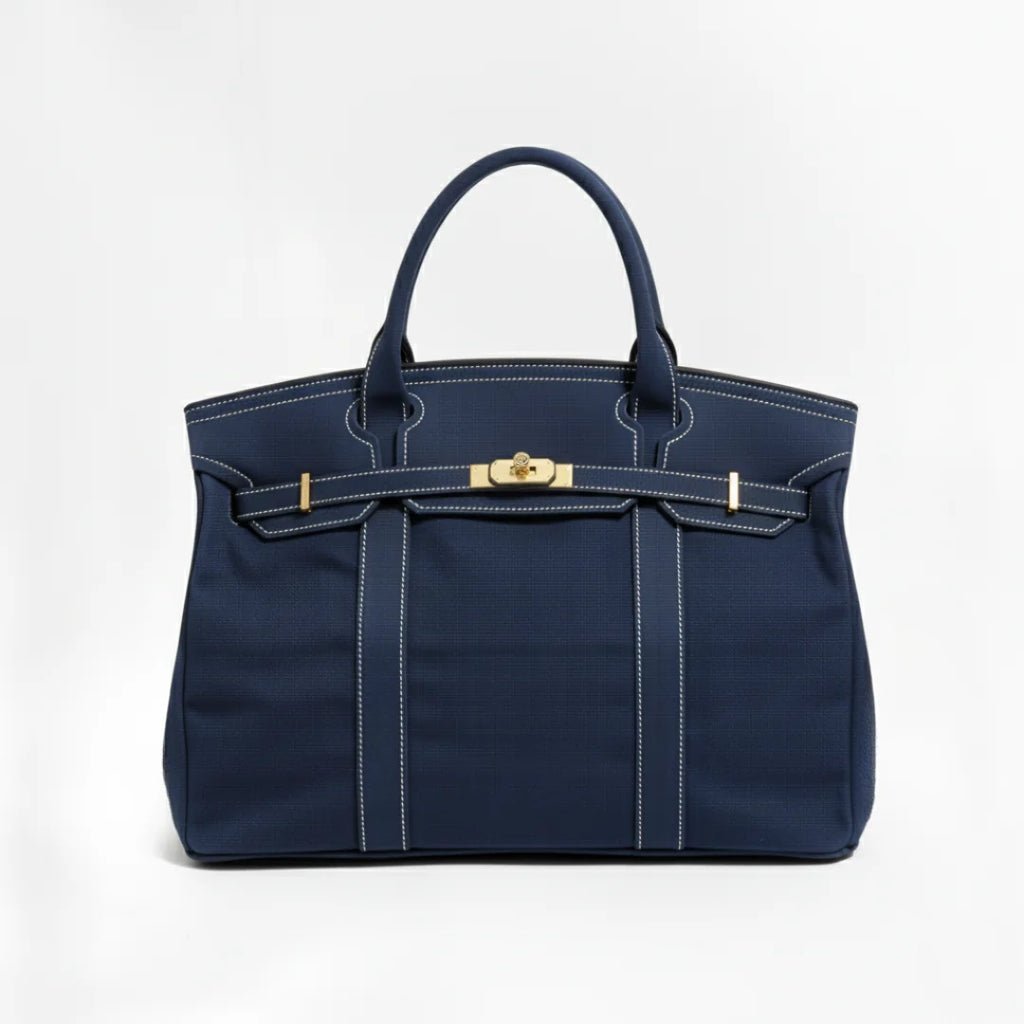 Solid Navy Blue Women's Luxury Handbag in Structured Canvas with Turn-Lock Closure - Studio