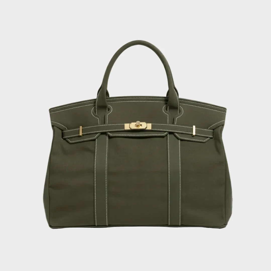 Solid Olive Green Women's Luxury Handbag in Structured Canvas with Turn-Lock Closure - Studio