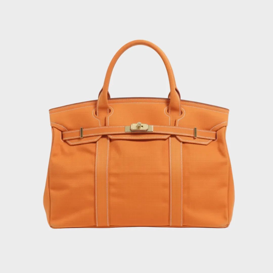 Solid Orange Women's Luxury Handbag in Structured Canvas with Turn-Lock Closure - Studio