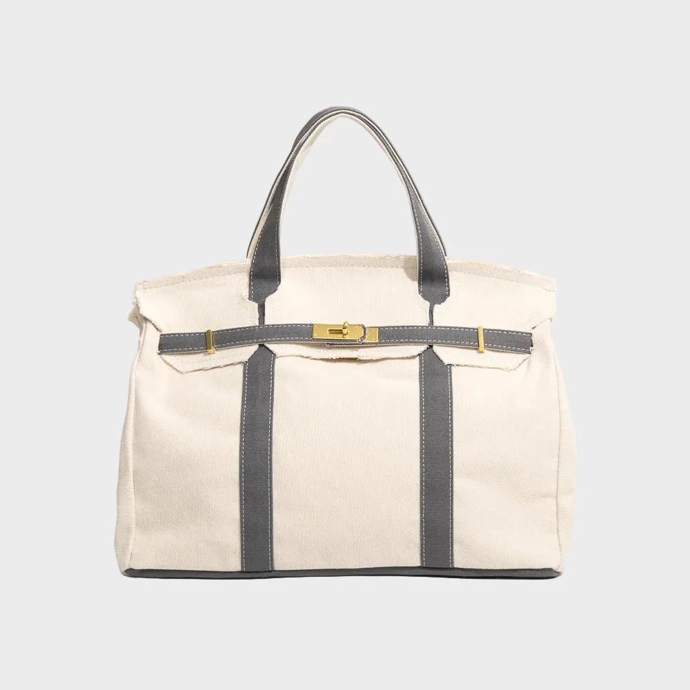 Washed Grey Women's Luxury Handbag in Structured Canvas with Turn-Lock Closure - Front Plain