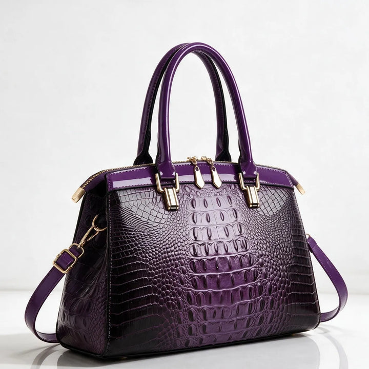 Amethyst Women's Structured Croc Handbag with Patent Trim & Crossbody Strap