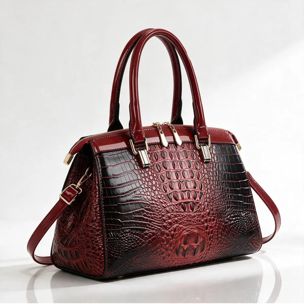 Burgundy Women's Structured Croc Handbag with Patent Trim & Crossbody Strap