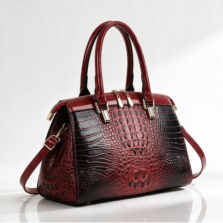 Burgundy Women's Structured Croc Handbag with Patent Trim & Crossbody Strap
