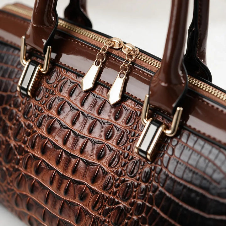 Espresso Women's Structured Croc Handbag with Patent Trim & Crossbody Strap — Chelsea - Hardware Close Up