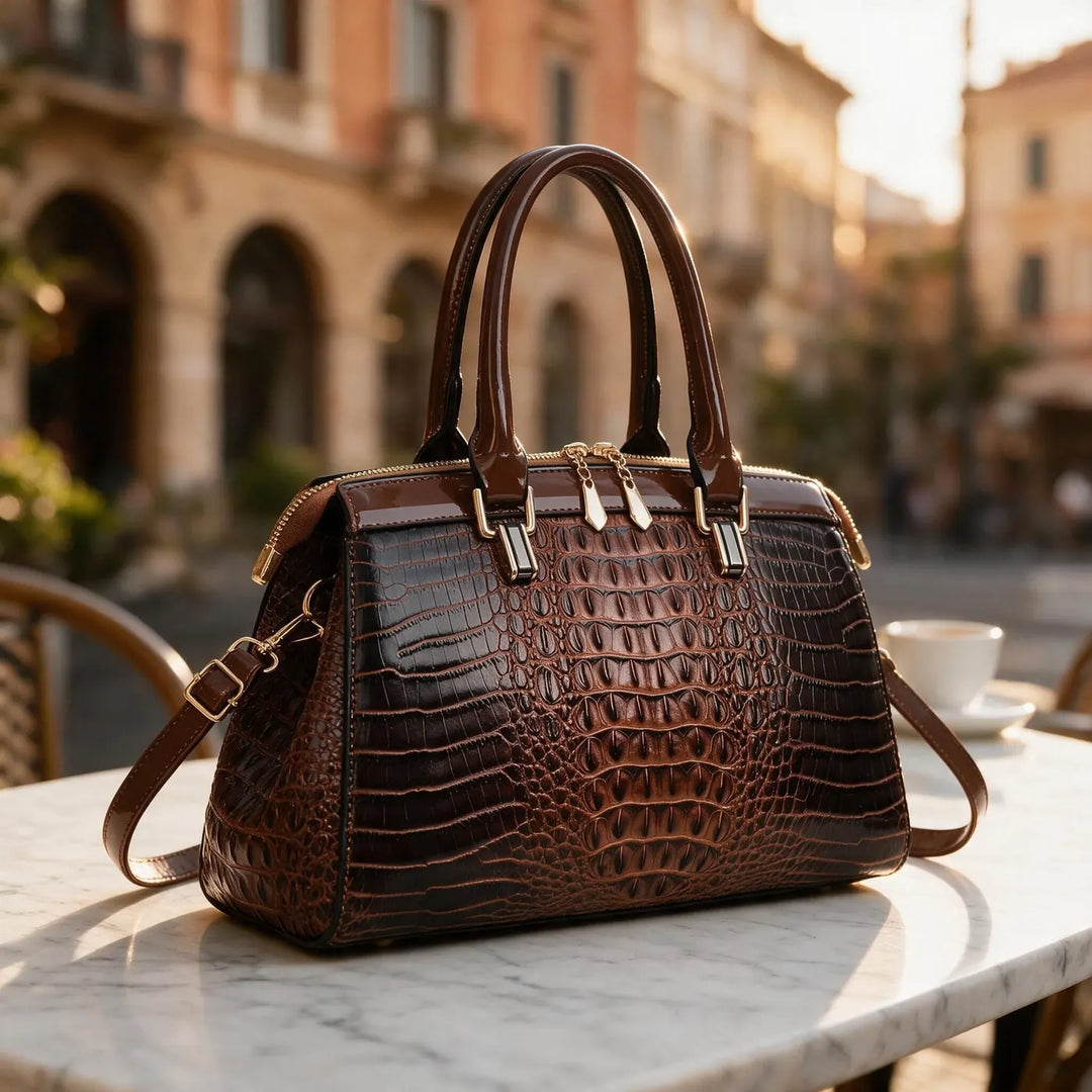 Espresso Women's Structured Croc Handbag with Patent Trim & Crossbody Strap — Chelsea - Outdoor Lifestyle