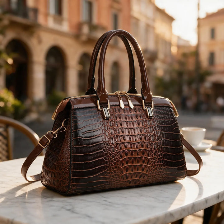 Espresso Women's Structured Croc Handbag with Patent Trim & Crossbody Strap — Chelsea - Outdoor Lifestyle