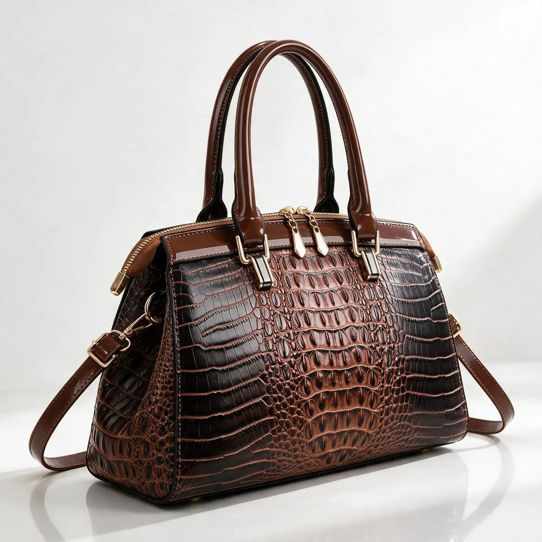 Espresso Women's Structured Croc Handbag with Patent Trim & Crossbody Strap