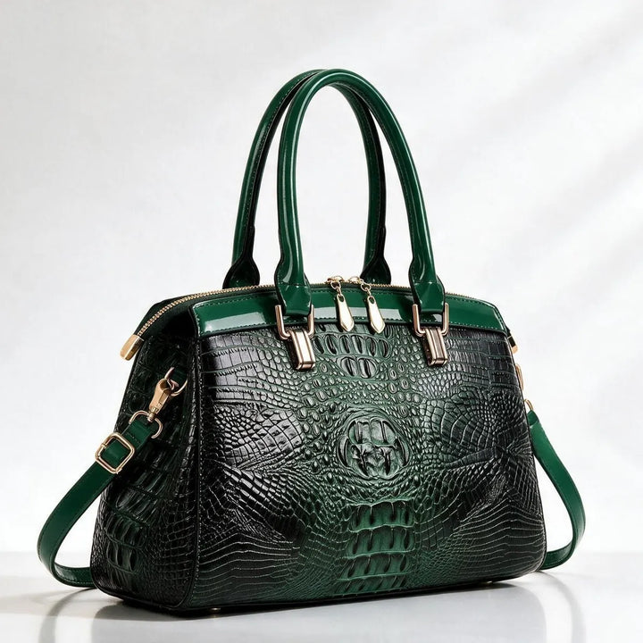 Green Women's Structured Croc Handbag with Patent Trim & Crossbody Strap