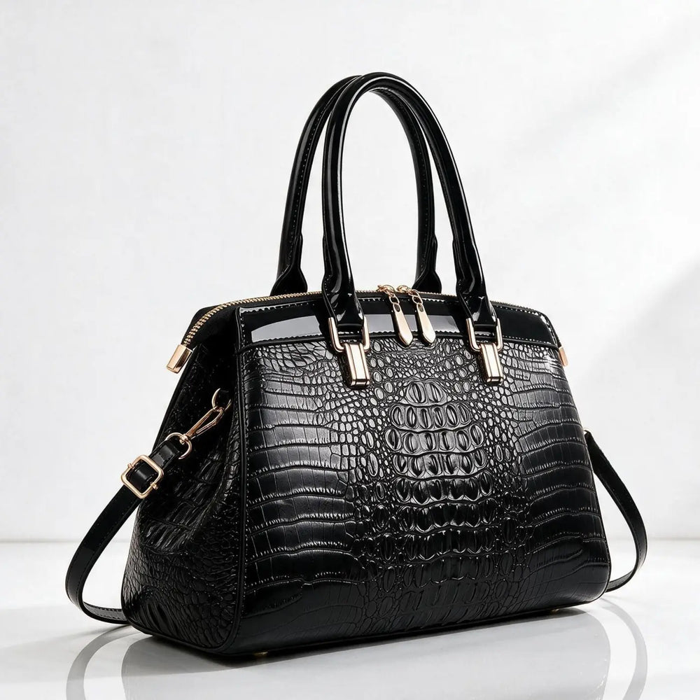 Black Women's Structured Croc Handbag with Patent Trim & Crossbody Strap - Front Side