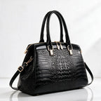 Black Women's Structured Croc Handbag with Patent Trim & Crossbody Strap - Front Side