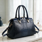 Navy Women's Structured Croc Handbag with Patent Trim & Crossbody Strap — Chelsea - Vanity Lifestyle