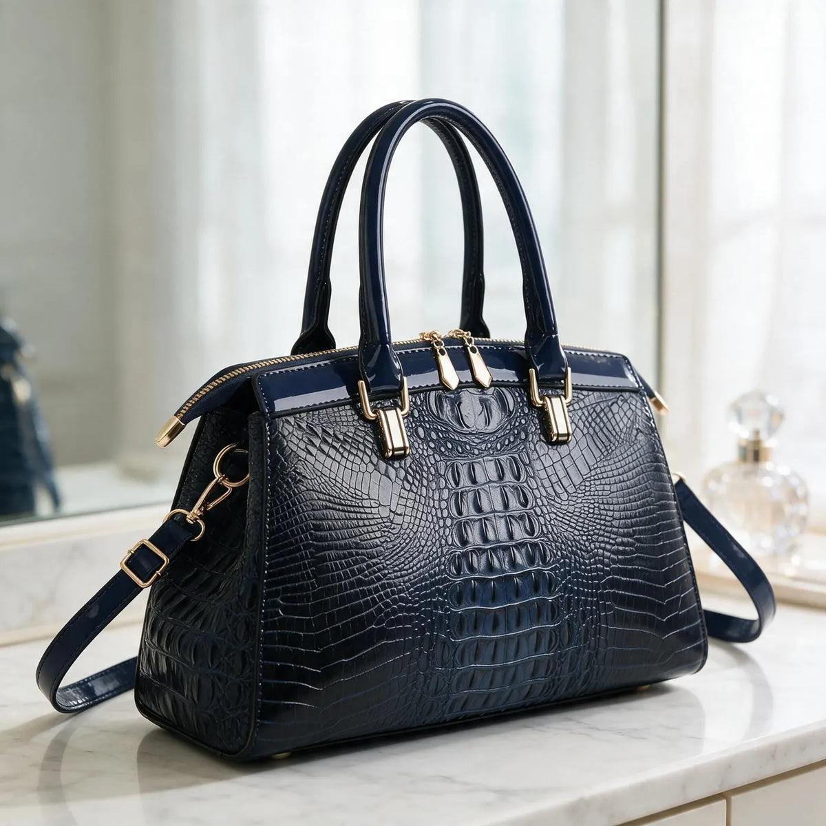 Navy Women's Structured Croc Handbag with Patent Trim & Crossbody Strap — Chelsea - Vanity Lifestyle