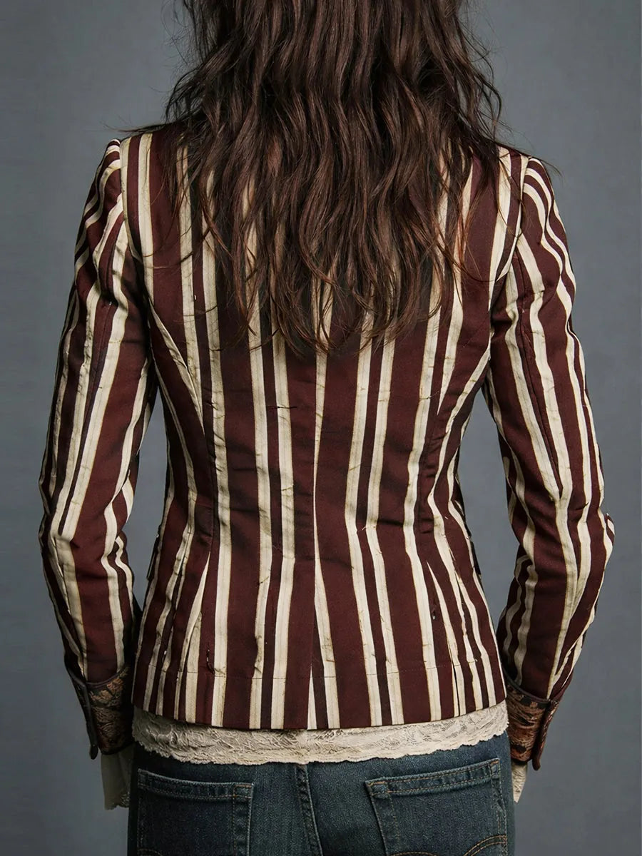Women's Floral Blazer with Structured Shoulders & Striped Panels - Back Detail