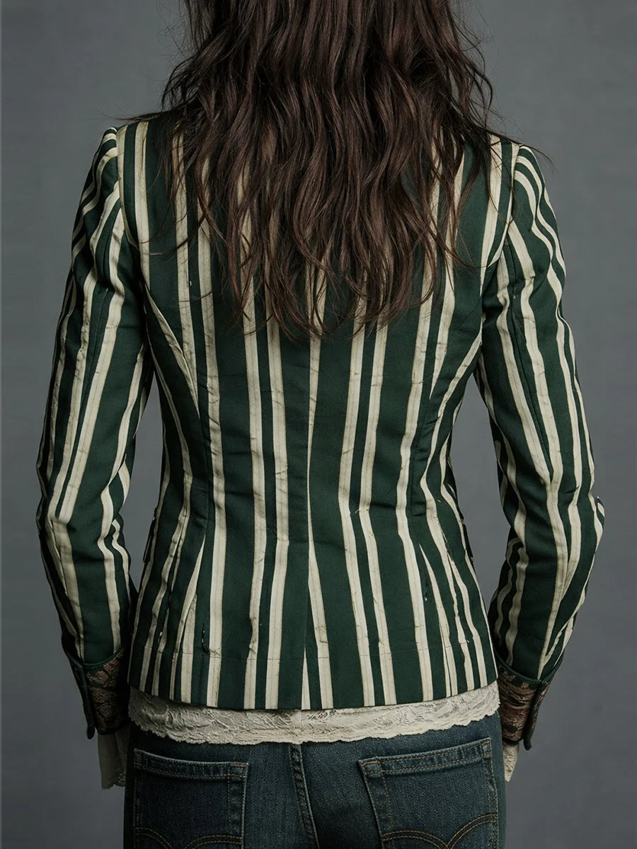 Women's Floral Blazer with Structured Shoulders & Striped Panels - Back Close Up