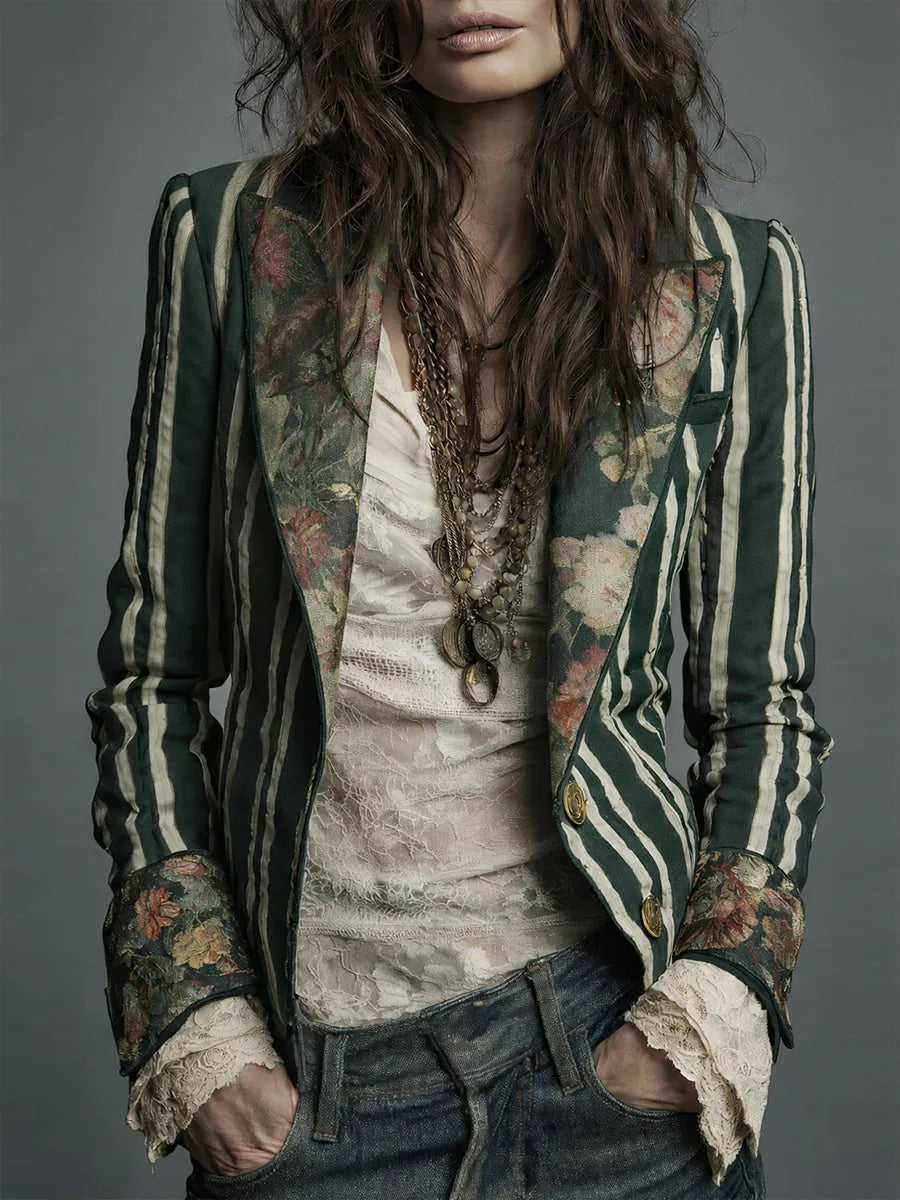 Dark Green Women's Floral Blazer with Structured Shoulders & Striped Panels