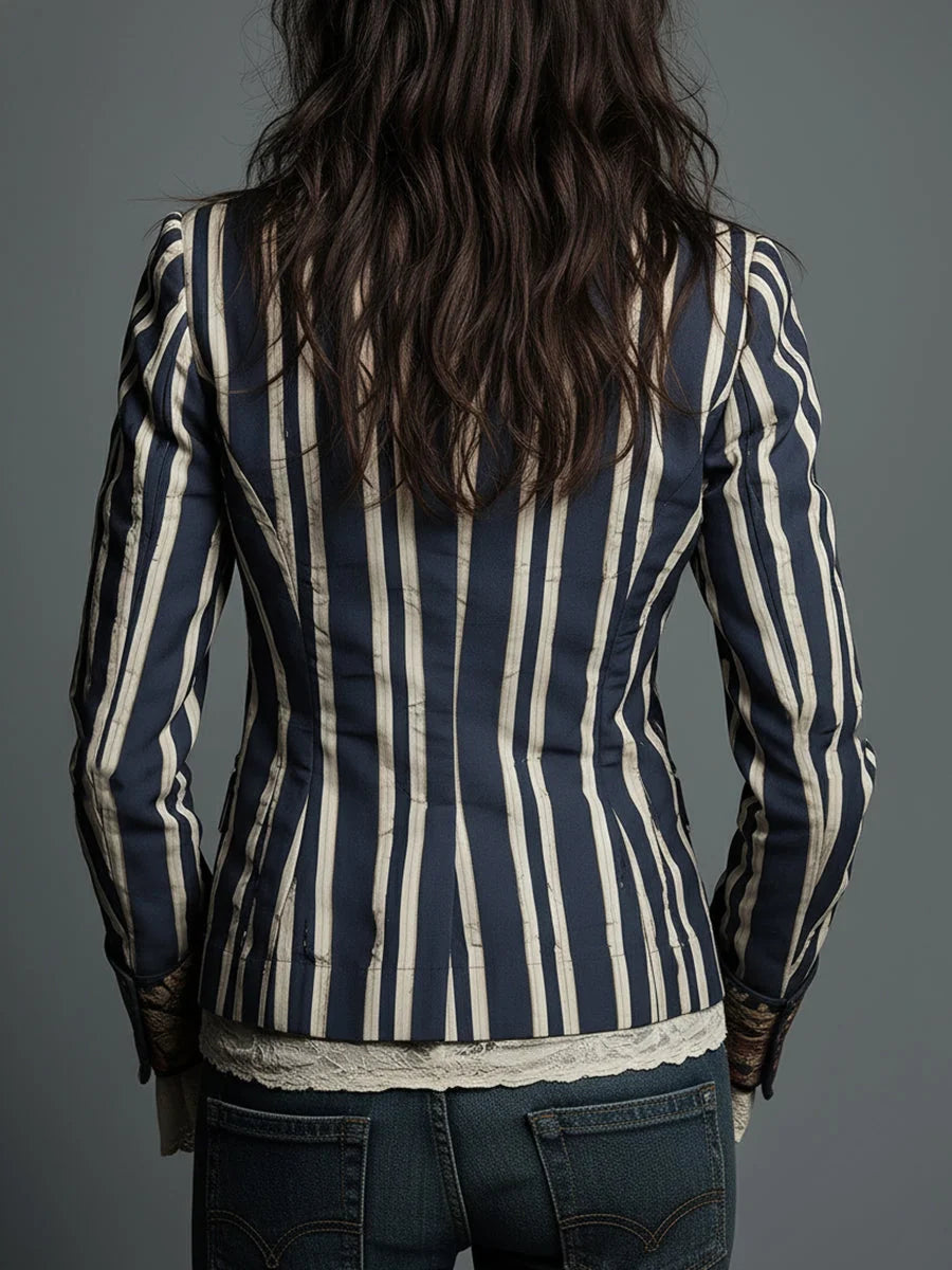 Women's Floral Blazer with Structured Shoulders & Striped Panels - Back Full