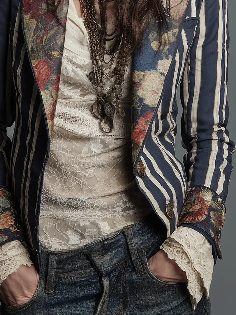 Women's Floral Blazer with Structured Shoulders & Striped Panels - Close Up Hands Pockets