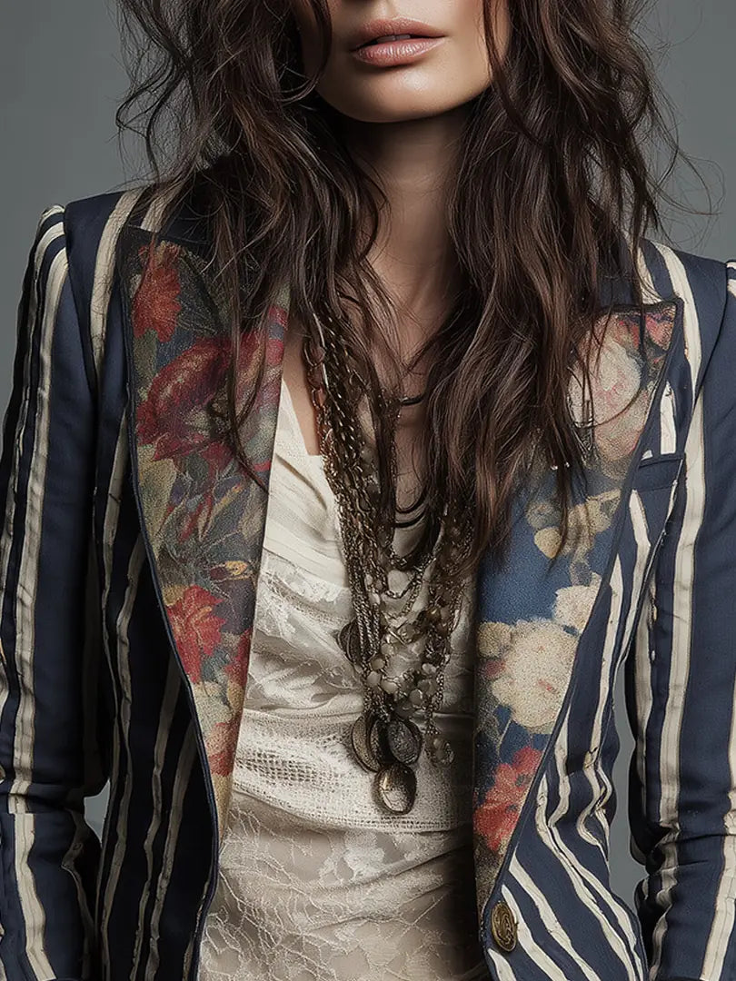 Women's Floral Blazer with Structured Shoulders & Striped Panels - Close Up Neckline