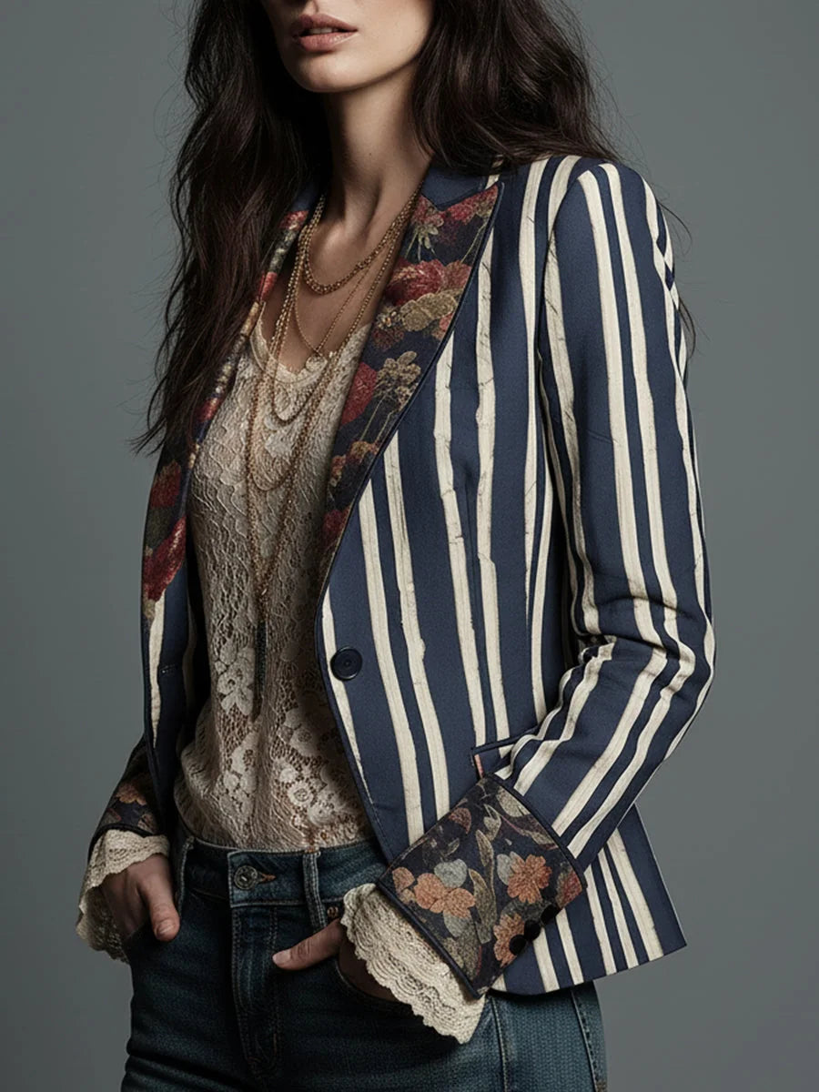 Women's Floral Blazer with Structured Shoulders & Striped Panels - Front Full Button