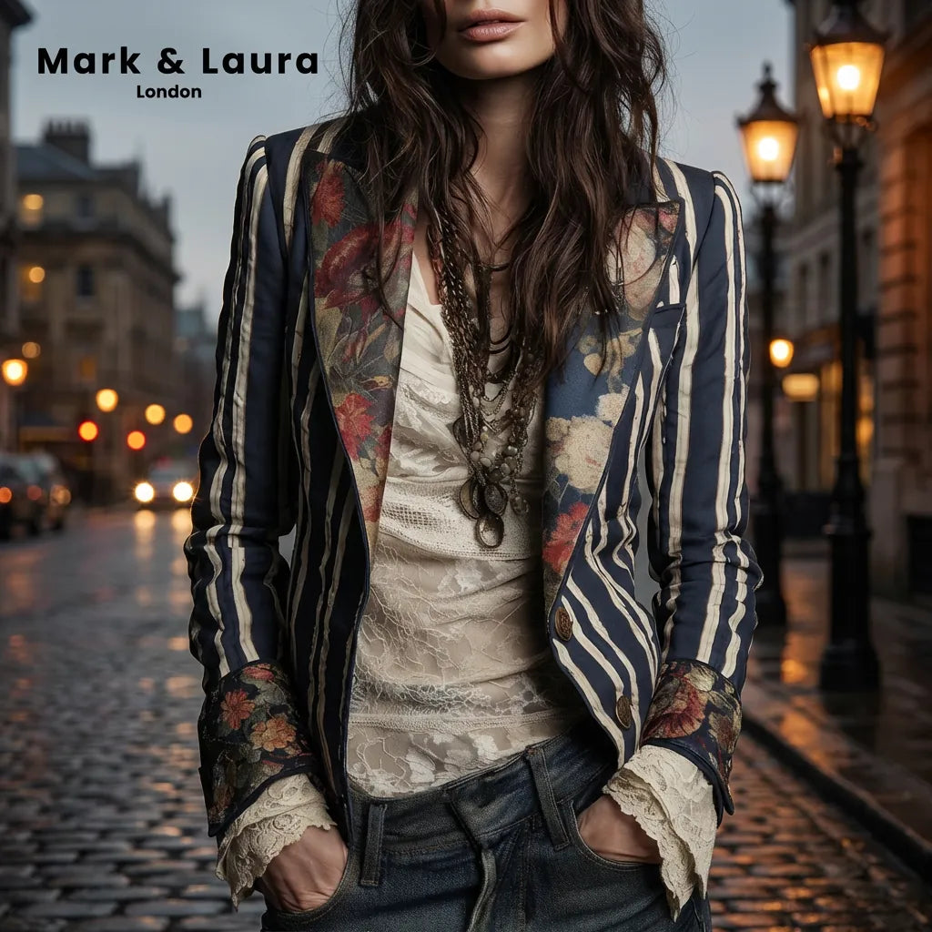 Women's Floral Blazer with Structured Shoulders & Striped Panels - Lifestyle Street Pose