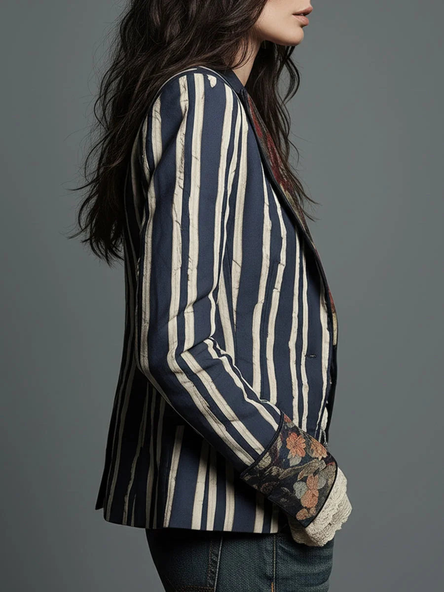 Women's Floral Blazer with Structured Shoulders & Striped Panels - Side Profile