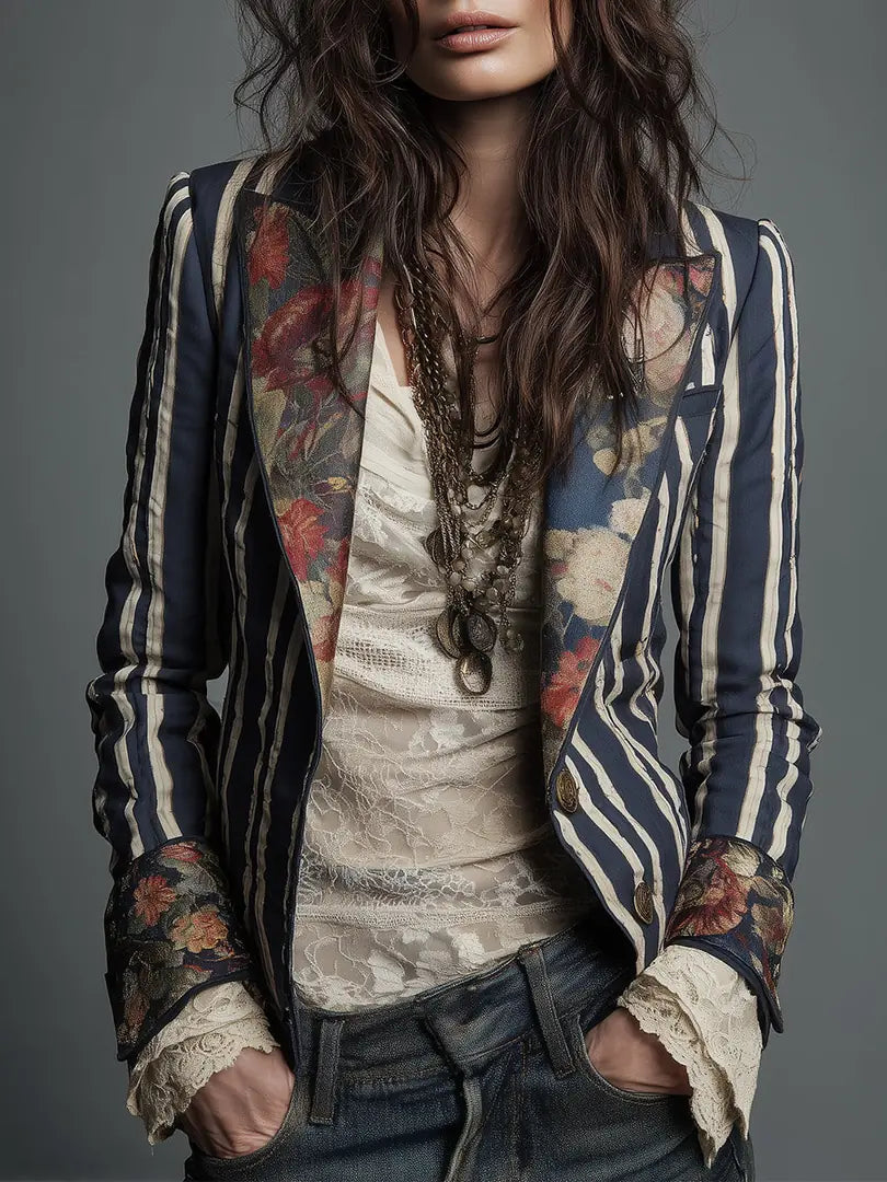 Navy Blue Women's Floral Blazer with Structured Shoulders & Striped Panels