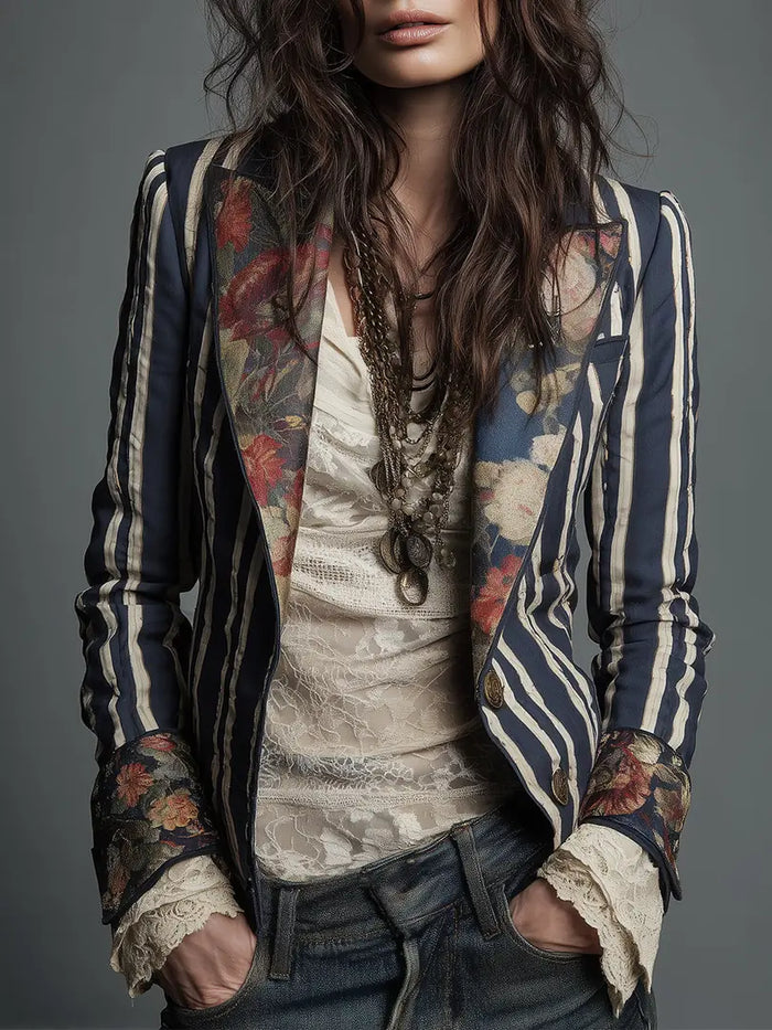 Navy Blue Women's Floral Blazer with Structured Shoulders & Striped Panels