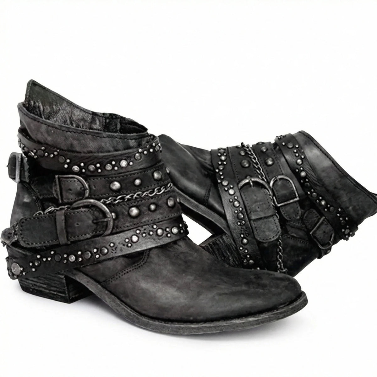 Black Women's Studded Ankle Boots with Buckle Straps & Chain Accents — Hope