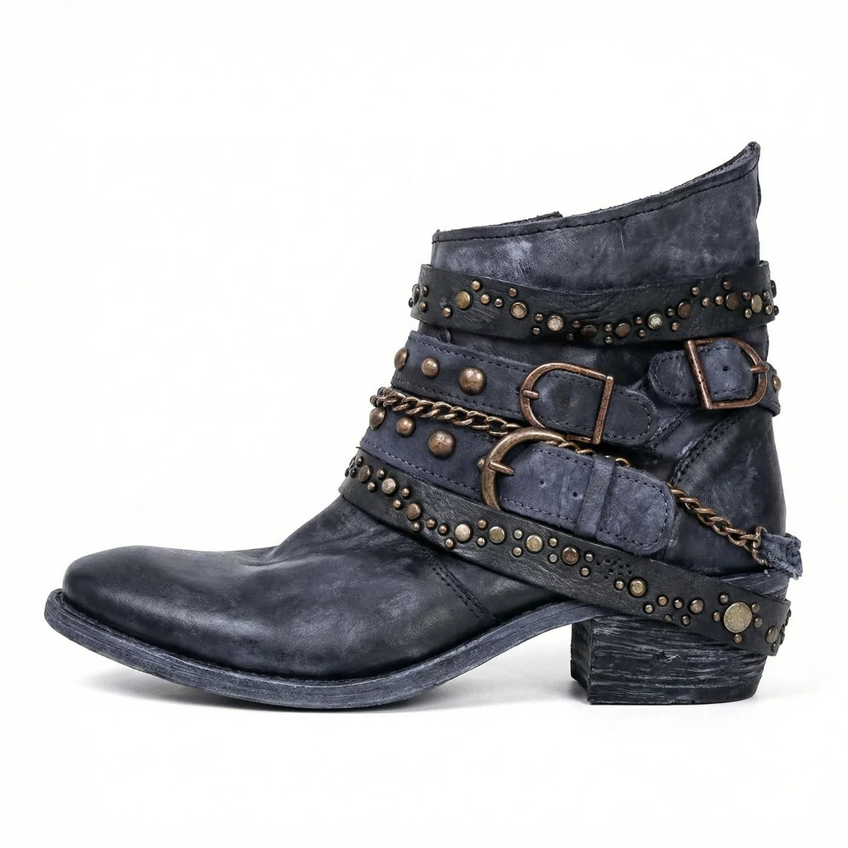 Blue Women's Studded Ankle Boots with Buckle Straps & Chain Accents — Hope