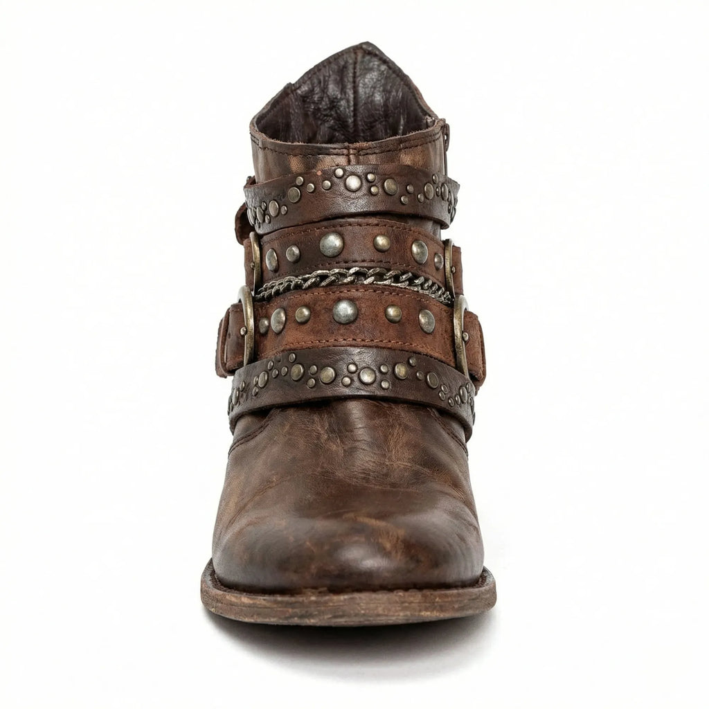 Brown Women's Studded Ankle Boots with Buckle Straps & Chain Accents — Hope - Front Close Up Detail