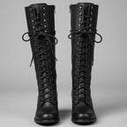 Black Women's Studded Knee High Boots with Leather Lace-Up Block Heel - Front Full Pair
