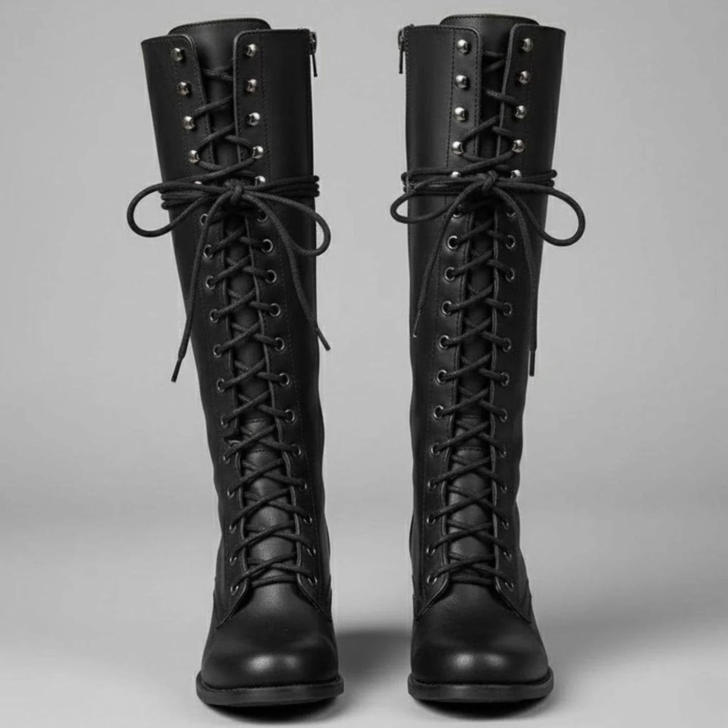 Black Women's Studded Knee High Boots with Leather Lace-Up Block Heel - Front Full Pair
