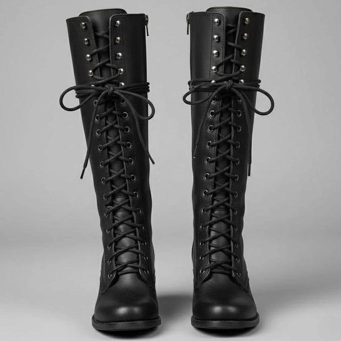 Black Women's Studded Knee High Boots with Leather Lace-Up Block Heel - Front Full Pair