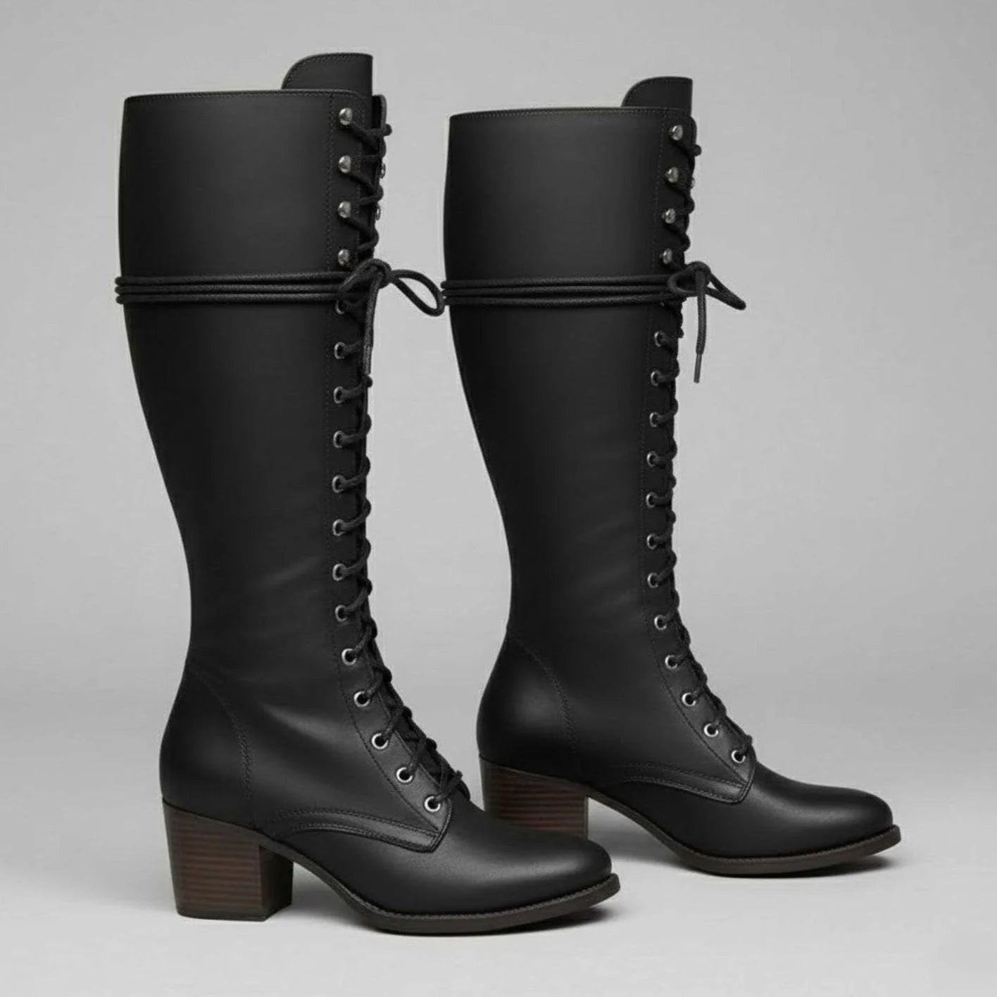 Women's Studded Knee High Boots with Leather Lace-Up Block Heel - Side Pair Studio