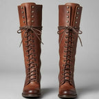 Brown Women's Studded Knee High Boots with Leather Lace-Up Block Heel - Front Pair Detail