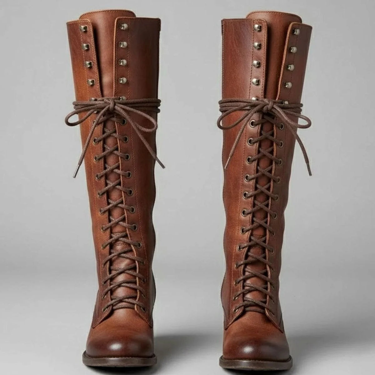 Brown Women's Studded Knee High Boots with Leather Lace-Up Block Heel - Front Pair Detail