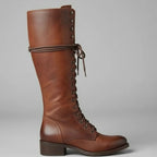 Women's Studded Knee High Boots with Leather Lace-Up Block Heel - Side Profile Single