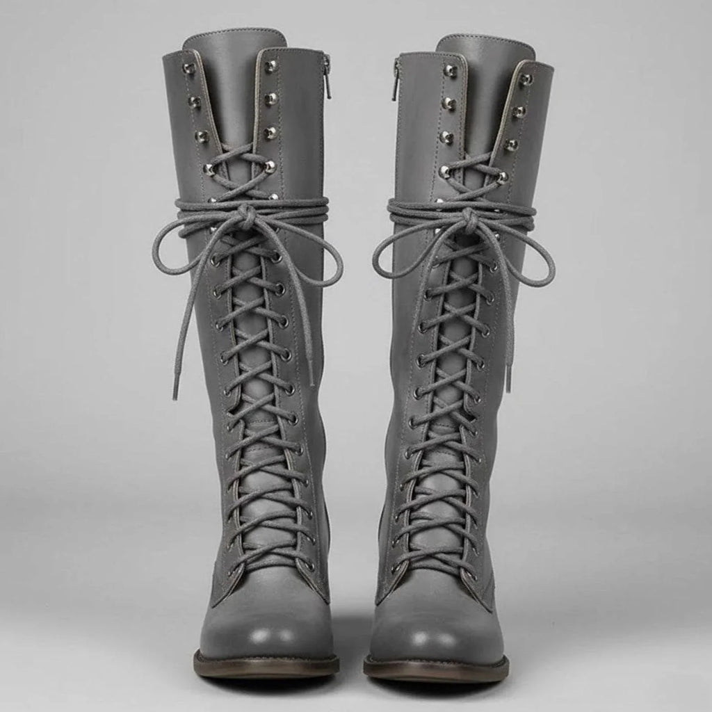 Grey Women's Studded Knee High Boots with Leather Lace-Up Block Heel - Front Pair Studio