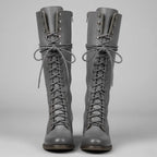 Grey Women's Studded Knee High Boots with Leather Lace-Up Block Heel - Front Pair Studio