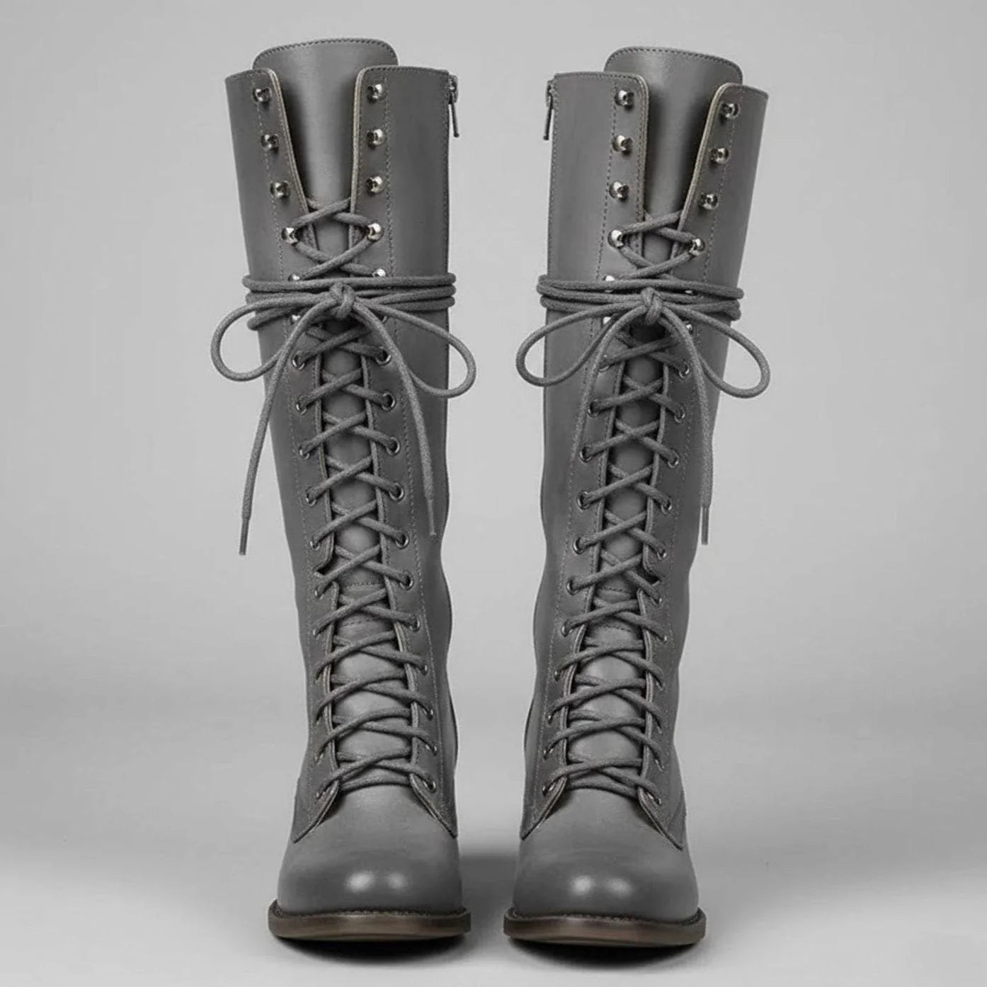 Grey Women's Studded Knee High Boots with Leather Lace-Up Block Heel - Front Pair Studio