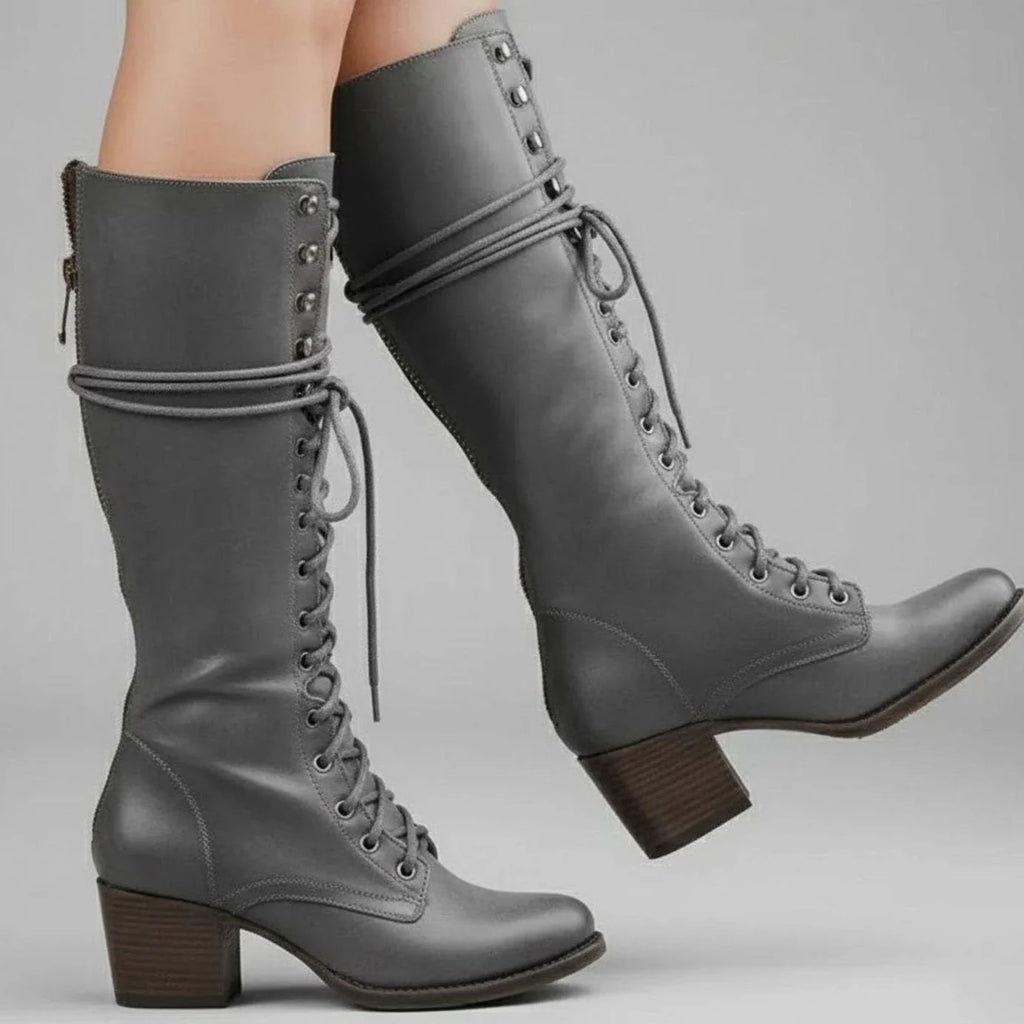 Women's Studded Knee High Boots with Leather Lace-Up Block Heel - Worn Walking Legs