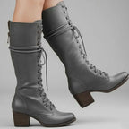 Women's Studded Knee High Boots with Leather Lace-Up Block Heel - Worn Walking Legs