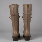 Khaki Women's Studded Knee High Boots with Leather Lace-Up Block Heel - Back Pair Studio