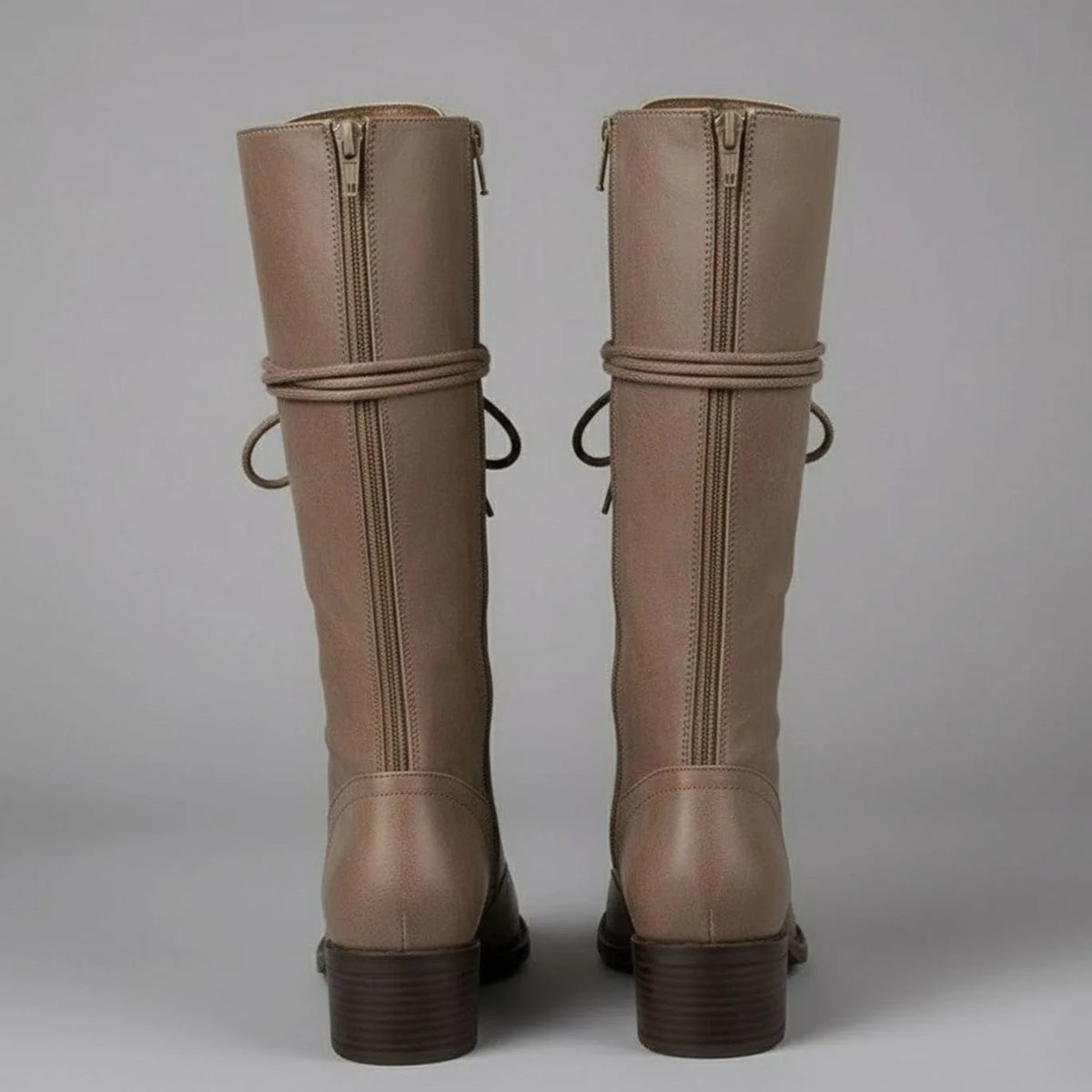 Khaki Women's Studded Knee High Boots with Leather Lace-Up Block Heel - Back Pair Studio
