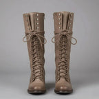 Women's Studded Knee High Boots with Leather Lace-Up Block Heel - Front Pair Close