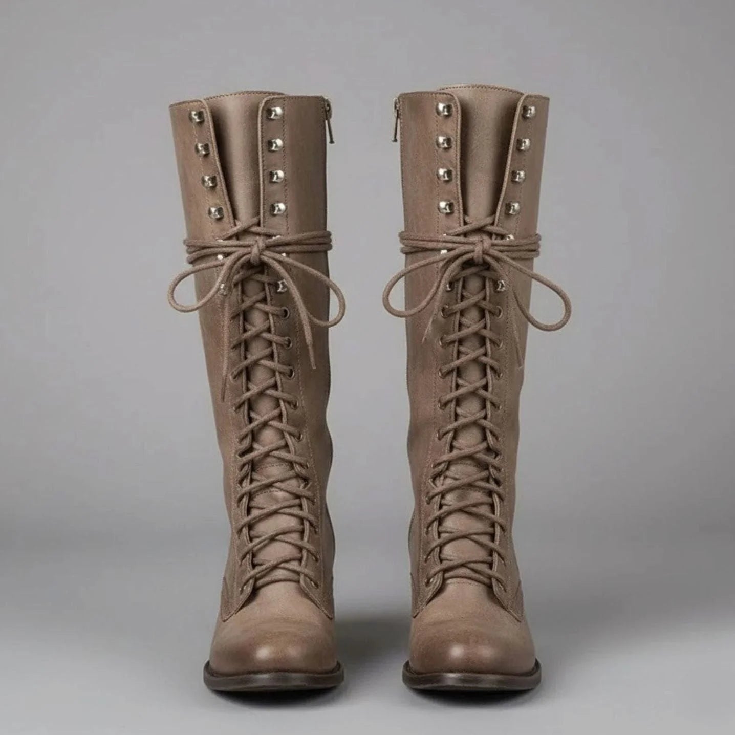 Women's Studded Knee High Boots with Leather Lace-Up Block Heel - Front Pair Close
