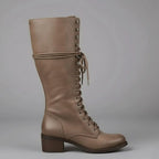 Women's Studded Knee High Boots with Leather Lace-Up Block Heel - Side Profile Solo